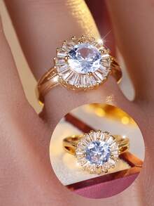 1pc Vintage Sunflower Design Ring, Large Main Stone Sparkling Zirconia Inlaid Accessory, Daily Layering Index Finger Ring, Suitable For Daily Wear - Ring - View 5