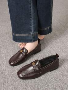 Women's Lightweight Durable Vintage Buckle Plain Square Toe Shallow Flat Loafers - Brown - View 2