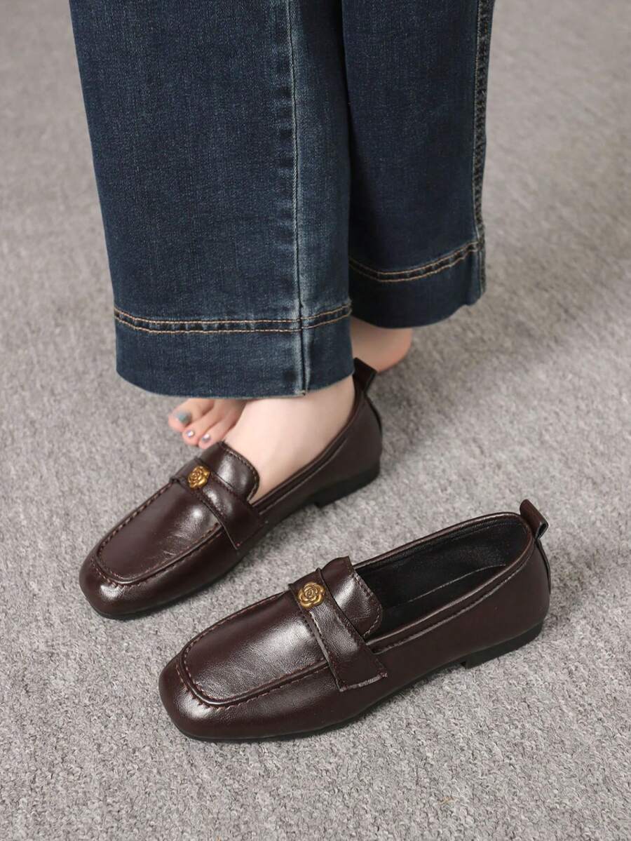 Sepatu Loafer Wanita Ringan, Tahan Lama, Gaya Vintage, Gesper, Polos, Ujung Persegi, Datar Dangkal - Coklat - View 1