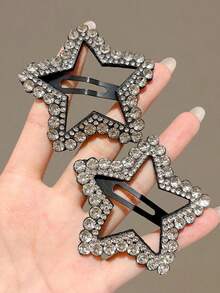 topshiny 2pcs Rhinestone Trim Hair Clips For Women, New High-End Style Frontal Hair Clips, Hair Pins For Bangs And Loose Hair, Five-Pointed Star - Multicolor - View 9
