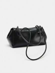 Minimalist Soft Leather Shoulder Bag For Women, Quiet Luxury Daily Commute Tote Handbag, Professional Look, Fall Fashion, Elegant Design, Solid Color - Black - View 2