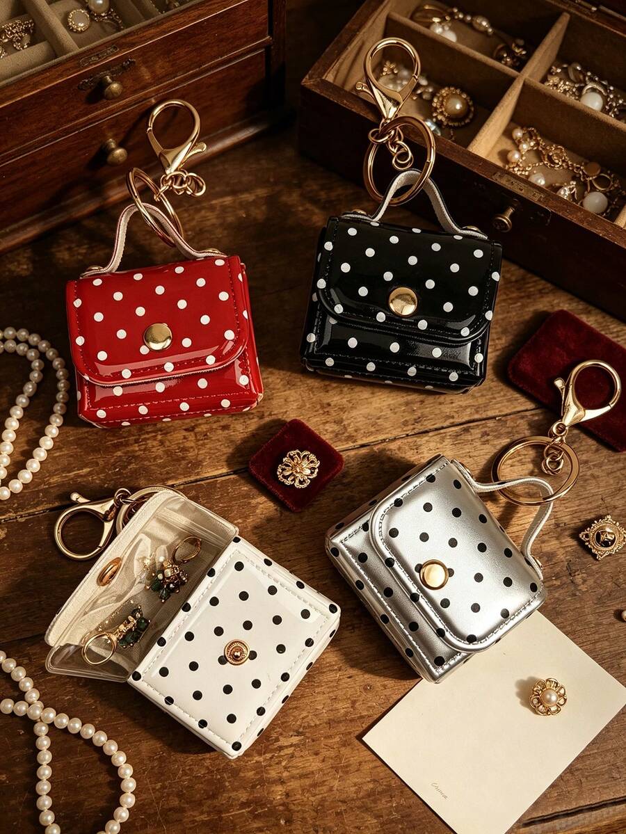 1pc French Vintage Polka Dot Pendant, Glossy Leather Mini Handbag Shaped Charm, Gold Buckle Girly Keychain, Gift Keychain - Vintage Polka Dot Mini Bag - View 1
