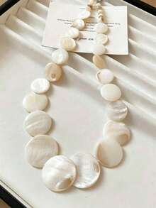 1 pieza Collar de concha natural estilo vacaciones hawaianas, cadena bohemia redonda para la clavícula, collar de concha natural versátil para mujeres, adecuado para vacaciones en la playa, viajes, decoración diaria, combinación de atuendos, citas, fiestas, regalo de vacaciones [Las conchas son naturales, algunas imperfecciones leves son normales] - Blanco - Ver 2