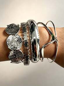 5pcs Vintage Casual Fashion Geometric Disc Hammered Textured Twisted Asymmetrical Wavy Bracelet Set Suitable For Women Daily Wear, Vacation And Holiday - Silver - View 2