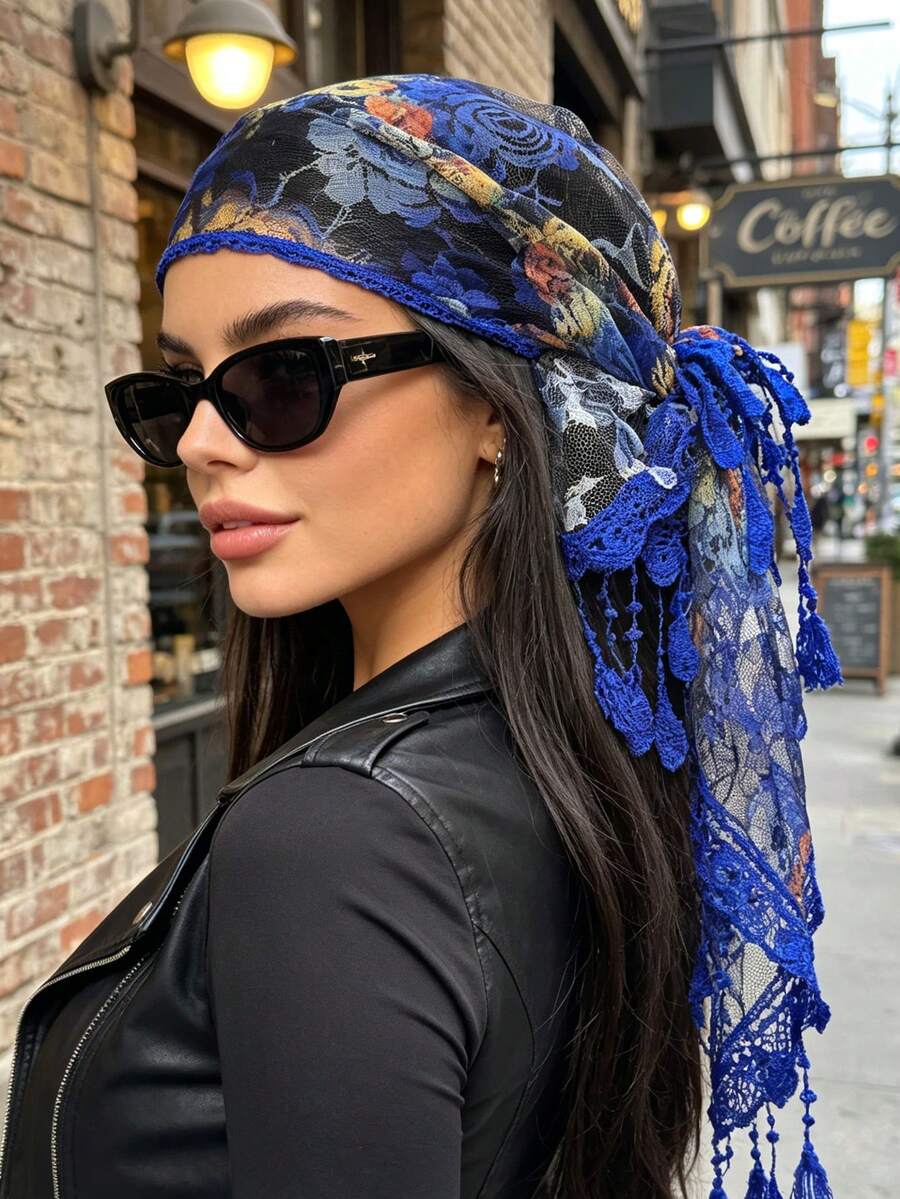 1pc Bohemian Style Mesh Printed Tassel Large Triangular Scarf With Blue Lace Ribbon,Vacation Vibe Headband - Blue - View 1