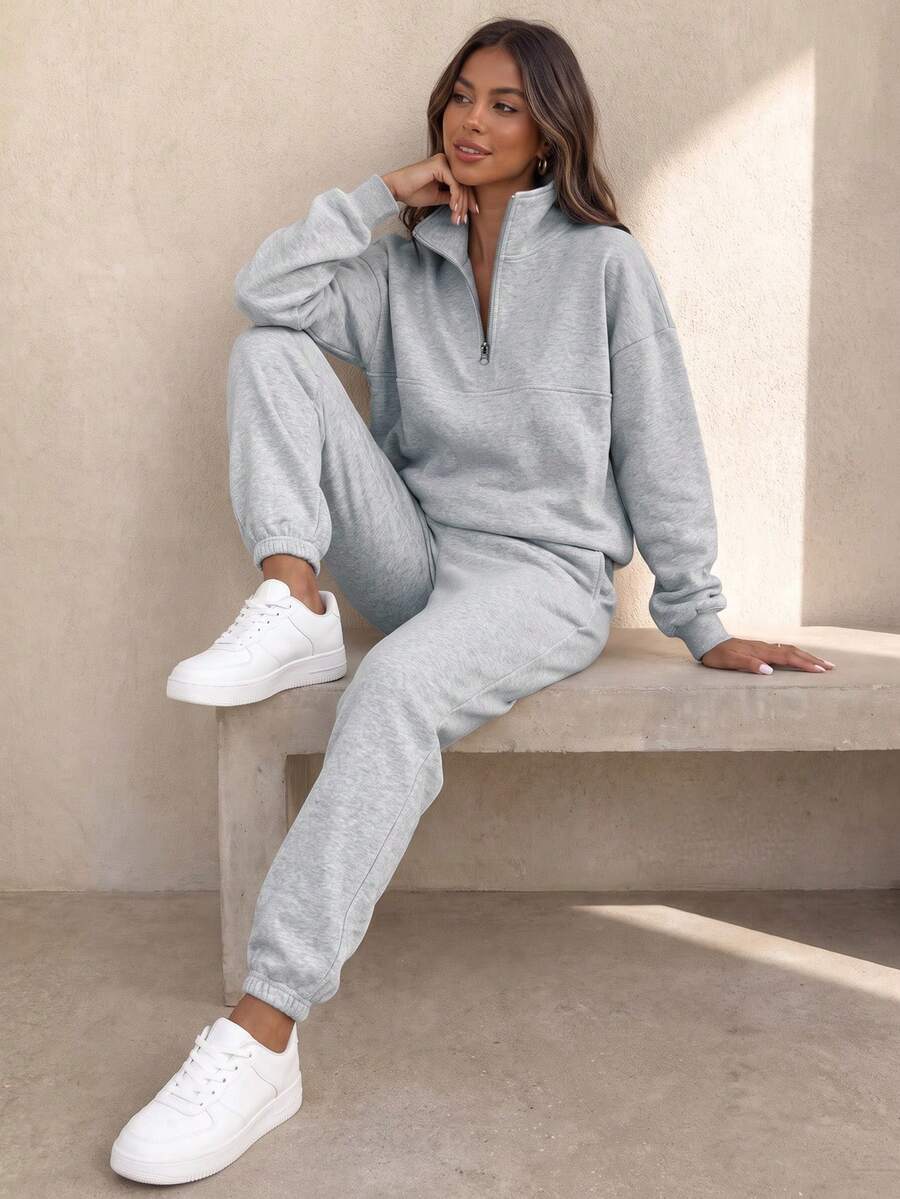 SUNSTORY Women's Autumn Light Gray Half-Zip Stand Collar Drop Shoulder Sweatshirt + Elastic Waist Cuffed Sweatpants Casual Sports Two Pieces Set - Grey - View 1