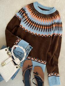 Women's Casual Autumn/Winter Fair Isle Pattern Crew Neck Contrast Color Long Sleeve Loose Knit Pullover - Chocolate Brown - View 4