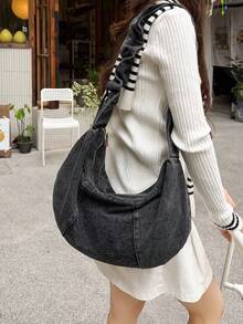 1pc Ruched Strap Washed Blue Denim Fabric Large Capacity Zipper Closure Casual Vintage Shoulder Crossbody Bag For Women Daily Commute - A - View 4