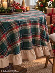 Vintage Christmas Red Plaid Round Tablecloth, Tartan Table Cover With White Ruffle Trim, Farmhouse Holiday Dining Table Decor For Christmas Party, Kitchen & Home - Green - View 4