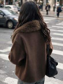 Brown Double-Sided Wool Oversized Drop Shoulder Short Jacket With Large Collar, European Vintage Street Urban Date Wear, Autumn/Winter - Coffee Brown - View 6