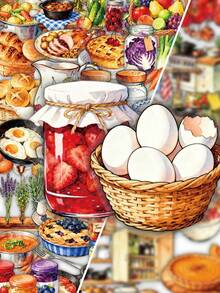 56Pcs Watercolor Kitchen Food PET Stickers, Vintage Fruit Vegetable Baking Decals, Craft Supplies Scrapbook Journal Stickers For Card Making, Planner & DIY Art Projects - Multicolor - View 1