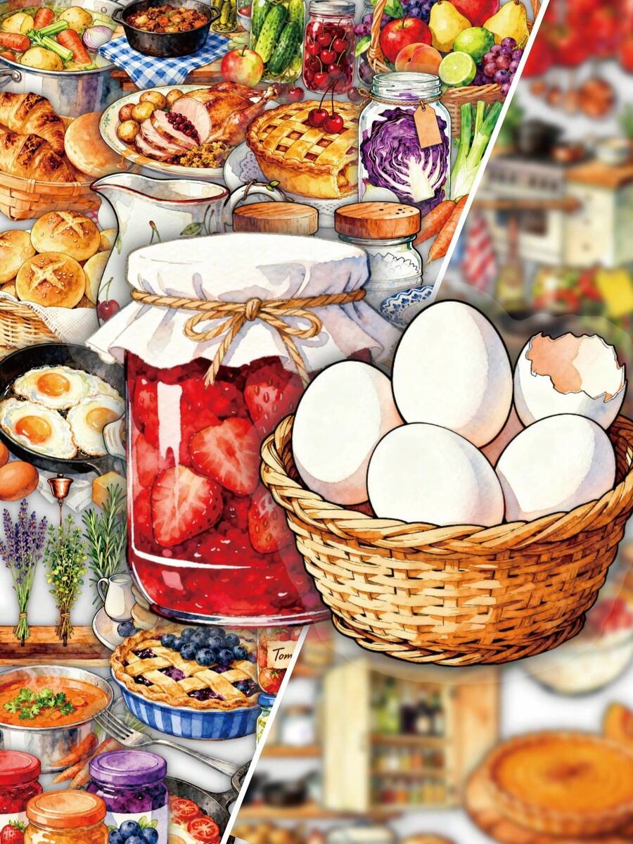 56Pcs Watercolor Kitchen Food PET Stickers, Vintage Fruit Vegetable Baking Decals, Craft Supplies Scrapbook Journal Stickers For Card Making, Planner & DIY Art Projects - Multicolor - View 1