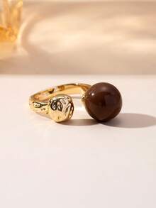 1pc Retro Gold Tone Open Ring, Textured Metal Band With Large Brown Round Bead Statement Adjustable Finger Ring For Women Daily Party Jewelry Gift. - Gold - View 5
