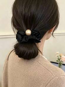 1pc Ruffle Edge Pearl Gentle Luxury Style Satin Fabric Scrunchie, Spring/Autumn High Elasticity Non-Damaging Simple Hair Tie - Multicolor - View 5