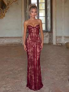 Elegant Strapless Backless Tie-Up Fitted Long Evening Dress, Women's First Choice For Evening Party - Burgundy - View 1