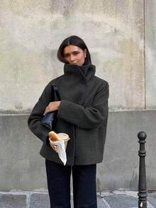 Women's Winter Dark Gray Woven Fabric Long Sleeve Button Detail Regular Fit Oversized Coat - Dark Grey - View 1