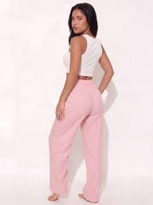 1pc Women Striped Elastic Waist Wide Leg Lounge Pants - Pink - View 7