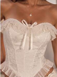 Sexy Romantic Apricot Wavy Lace Trim Fitted Bustier Top, Fashion Print Women's Bustier, Suitable For Party, Halloween Cosplay - Apricot - View 4