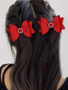 2pcs Red Hair Bow Clips With Rhinestones For Women,Solid Color Hair Bows,Elegant Fashion Hairpins,Fall Winter Daily Hair Accessories - Red - View 2