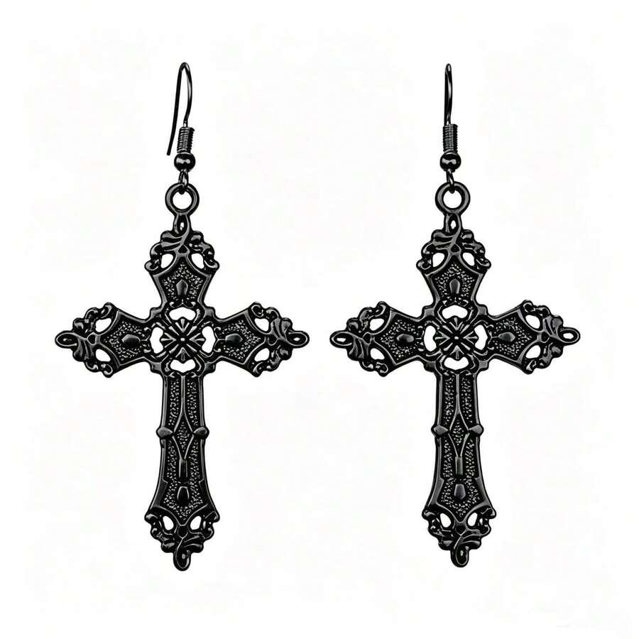 European Baroque Cross Vintage Bohemian Gothic Pendant Earrings - Black - View 1