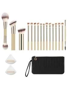 ronshadow 16pcs Makeup Brush Set With Leather Storage Bag, Triangular Powder Puff, Face Powder Brush, Blush Brush, Foundation Brush And Full Set Of Eye Brushes, Suitable For Students' Daily, Party, Makeup Practice, Short Trips And Touch-Up Scenarios - Multicolor - View 13