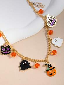 Halloween Fun Pumpkin Ghost Skeleton Bone Pendant Necklace, Dark Style Versatile Holiday Necklace - Style 3 - View 5