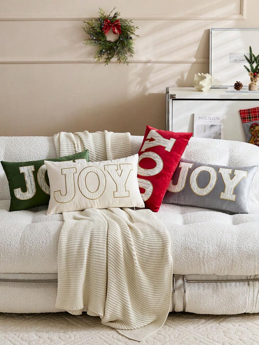 1件米色JOY刺繡聖誕枕套，適合室內裝飾，聖誕裝飾枕套，不含枕芯