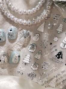 1 Sheet Gold Silver Christmas 3D Nail Art Stickers, Cute Festive Snowflake, Bow, Tree, Reindeer Decals For Winter Holiday Manicure DIY Decoration - Silver - View 4