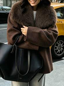 Brown Double-Sided Wool Oversized Drop Shoulder Short Jacket With Large Collar, European Vintage Street Urban Date Wear, Autumn/Winter - Coffee Brown - View 3