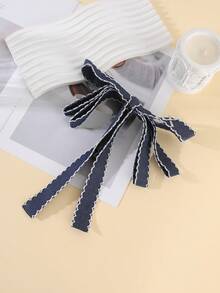 1pc Classic Denim Wavy Ruffle Bow Banana Clip, Fabric Vertical Hair Clip, Autumn/Winter High Ponytail Bun Hair Accessory, Korean Academy Style For Women - Multicolor - View 7