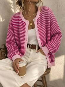 OxyCloset Women's Pink Striped Front Button Knit Cardigan, Long Sleeve Ribbed Design, Elegant And Versatile, Suitable For Home Or Outdoor Wear In Autumn/Winter - Multicolor - View 3