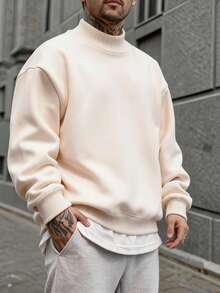 Men's Solid Color Stand Collar Casual Versatile Daily Wear Long Sleeve Sweatshirt - Beige - View 5