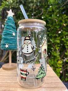 Iced Coffee Snowman Glass Straw Cup, Cute Hat Snowman, Fairy Tale Cottage, Green Christmas Tree And Snowflake, Transparent Heat-Resistant Material, Includes Bamboo Lid And Transparent Straw, Exquisite Details, Full Christmas Ritual - Multicolor - View 1