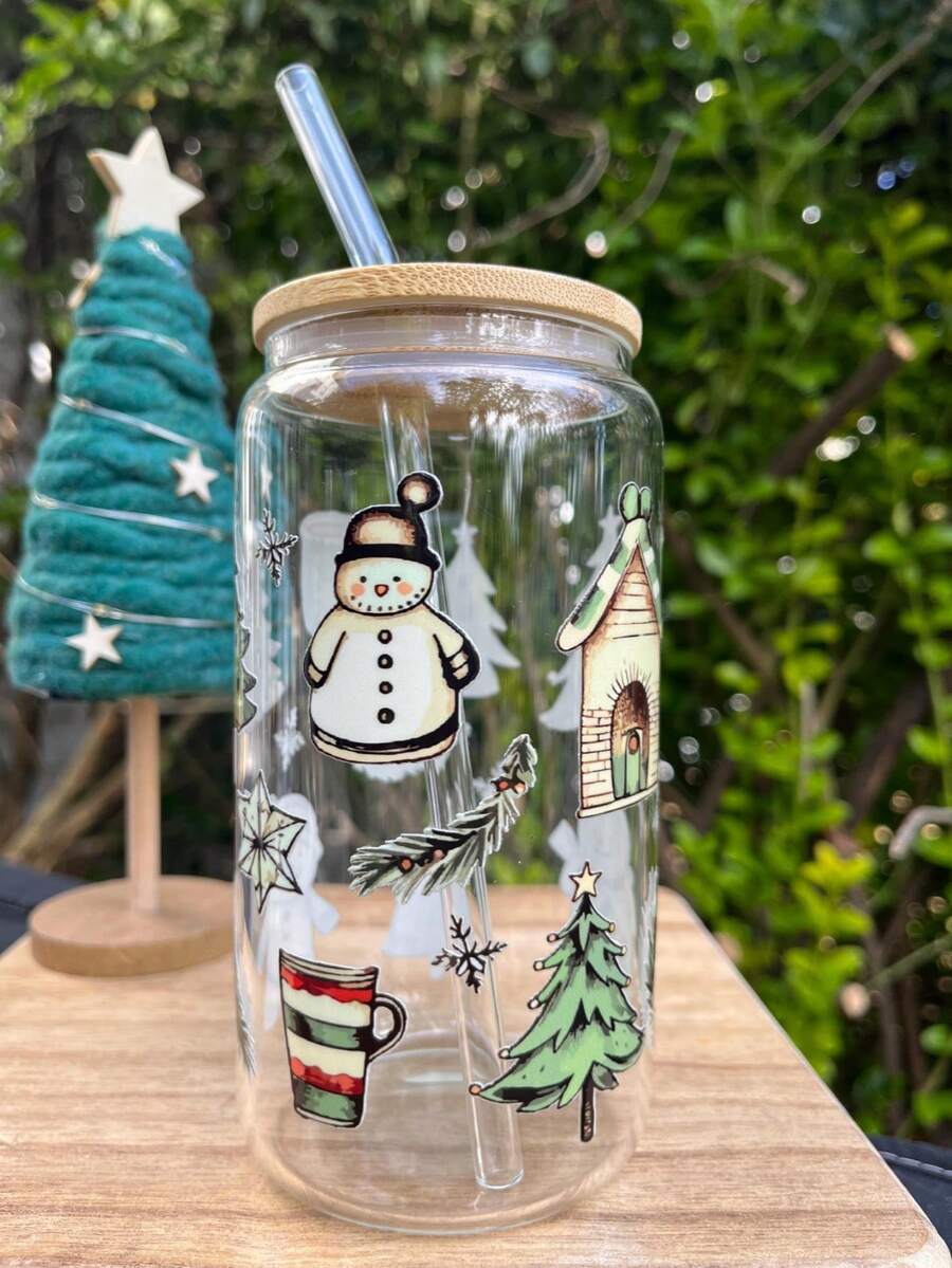 Iced Coffee Snowman Glass Straw Cup, Cute Hat Snowman, Fairy Tale Cottage, Green Christmas Tree And Snowflake, Transparent Heat-Resistant Material, Includes Bamboo Lid And Transparent Straw, Exquisite Details, Full Christmas Ritual - Multicolor - View 1