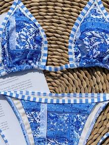 Women's Sexy Elegant Halter Neck Bikini Set, Blue Ditsy Floral High Elasticity Swimsuit - Multicolor - View 4