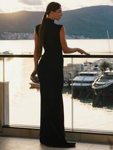 New Elegant Pure Black Faux Collar Sleeveless Fitted Long Dress, Slit Hem Knit Evening Gown, Suitable For Banquets, Wedding Guests And Cocktail Parties - Black - View 6