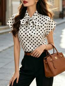 DONICY Women's White Polka Dot Bow Neck Short Sleeve Blouse, Casual & Office Wear Summer Fall - Apricot - View 7