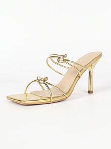 Women Metallic Gold Square Open Toe Heeled Sandals, Thin Straps Rhinestone Decor Stiletto Slip-On Party Mules - Gold - View 8
