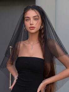 2-Layer Black Tulle Veil Gothic Style Halloween Party Bride Veil Photo Prop Headpiece - Multicolor - View 7