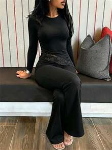 SuofeiMan Women's Solid Color Casual Round Neck Long Sleeve Lace Patchwork Asymmetrical T-Shirt And Flare Pants 2 Pieces Set, Autumn/All Season Outfit - Black - View 1