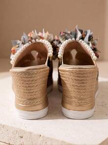 Floral 3D Flower Wedge Mules For Women, Pearl Trim Open Toe Platform Slides - Multicolor - View 4