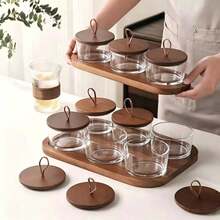 1‑Piece Wooden Tray & Glass Small Bowl Set With Lids, , Home Kitchen Tabletop Decor, Clear Glass Containers With Handle Lid, Multi Compartment Decorative Tray For Kitchen Counter, Tabletop Decor, Snack Organizer - Maroon - View 1