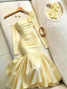 Elegant French Style Solid Color Asymmetrical/Asymmetrical Design Women's Party Dress For Spring And Autumn - Yellow - View 1