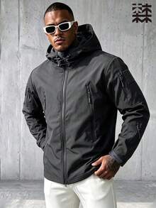 mulinsen Men's Outdoor Tactical Hooded Jacket, Multi-Zipper Pockets, Hook And Loop Decoration, Windproof And Wear-Resistant Workwear Jacket - Grey - View 2