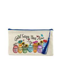 Canvas Zipper Makeup Bag, Printed With God's Blessing Message Pattern, Vase Flower Butterfly Pattern, Paired With Tassels, Can Be Used As Toiletry Bag,Travel Storage Bag,Stationery Bag,Reusable Cosmetic Organizer, Print Toiletry , A Gift From God - Multicolor - View 13
