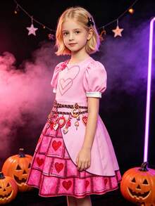 Young Girl Halloween Heart Print Square Neck Petal Sleeve Holiday Party Birthday Gathering Dress - Pink - View 1