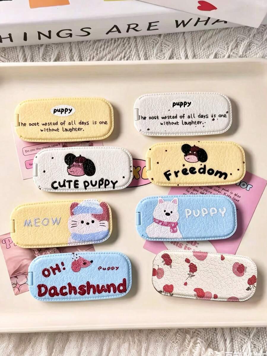One-Piece Set Ins Fall/Winter Small Animal Faux Leather Texture Makeup Touch-Up Mirror Mobile Phone Stand Stick-On Mirror Surface Support Dual-Purpose Horizontal And Vertical Desktop Support Portable Fashionable Foldable Mirror Back Sticker - Multicolor - View 1
