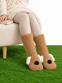 1 Pair Cute Women Plush Mid Calf Socks, 3D Floppy Ear Puppy Cartoon Floor Sleep Socks, Thick Coral Fleece Warm Cozy Socks Ins Calf Socks,Winter - Multicolor - View 7
