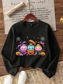 [Halloween]Tween Girl Fun Graphic Print Crew Neck Long Sleeve T-Shirt, Autumn/Winter Top - Black - View 2