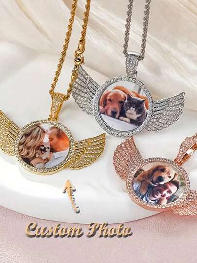 Personalized Crystal Angel Wings Photo Necklace, Hip Hop Photo Pendant, Rhinestone Round Pendant, Vintage, Unisex, Minimalist, Boyfriend